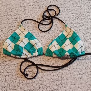 Teal and white argyle string bikini top